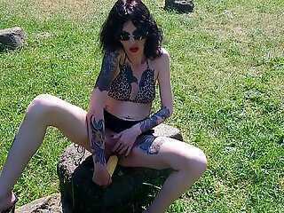 Shameless Lucy Ravenblood Fucking Pussy with Corn in Public