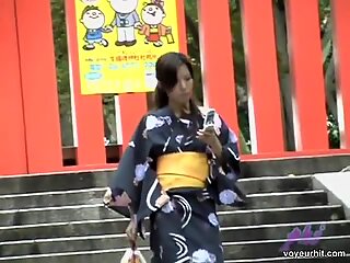 Japanese boob sharking action with a cute chick in a kimono